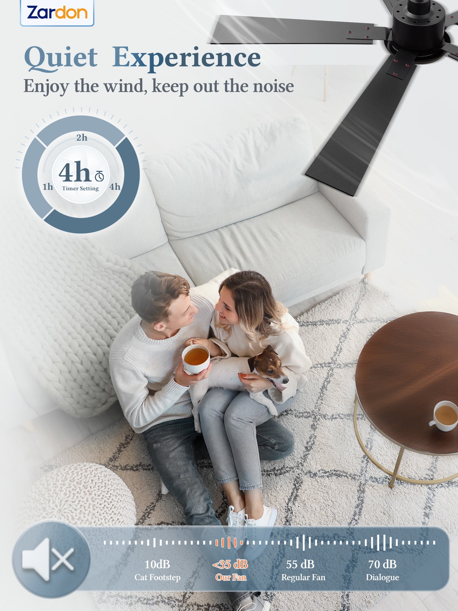 Zardon 52 Inch Modern Ceiling Fan with Light and Remote & APP Control, Adjustable Downrod Mount, 6 Speeds, Ultra Quiet DC Motor, Reversible Black/Walnut Blades