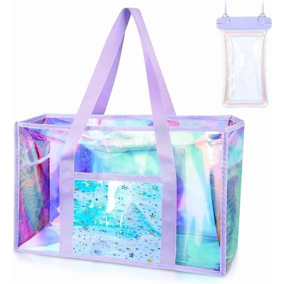 Iridescent Beach Tote Bag for Women, Waterproof Pool & Swim Bag with Phone Pouch