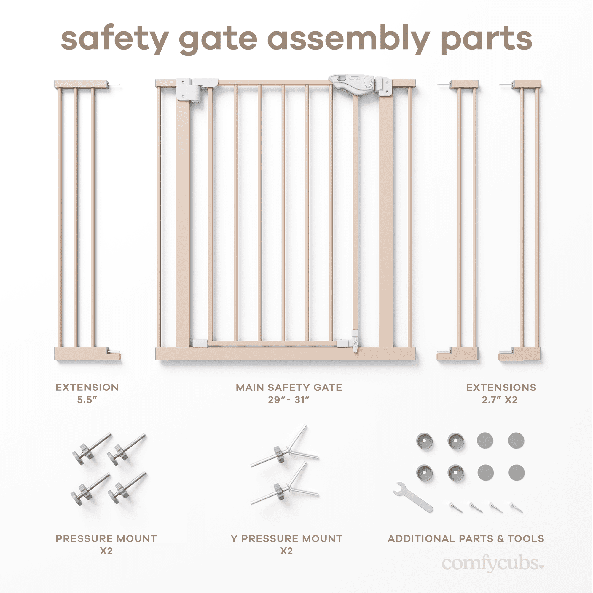 Comfy Cubs Baby Safety Gate - 3 Extensions 42"x1.9"x30", Adjustable Q195 Steel Gate (Blush)