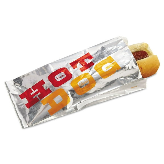 Bagcraft 300455 "Hot Dog" Label 3.5 in. x 8.5 in. Foil Single-Serve Bags - Silver (1000/Carton)