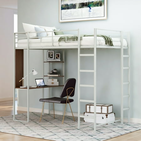 Kids Child Twin Size Metal Loft Bed with Writing Desk and Storage Shelves, Slatted Base Bed Frame with Ladder and Safety Guardrails, No Box Spring Needed