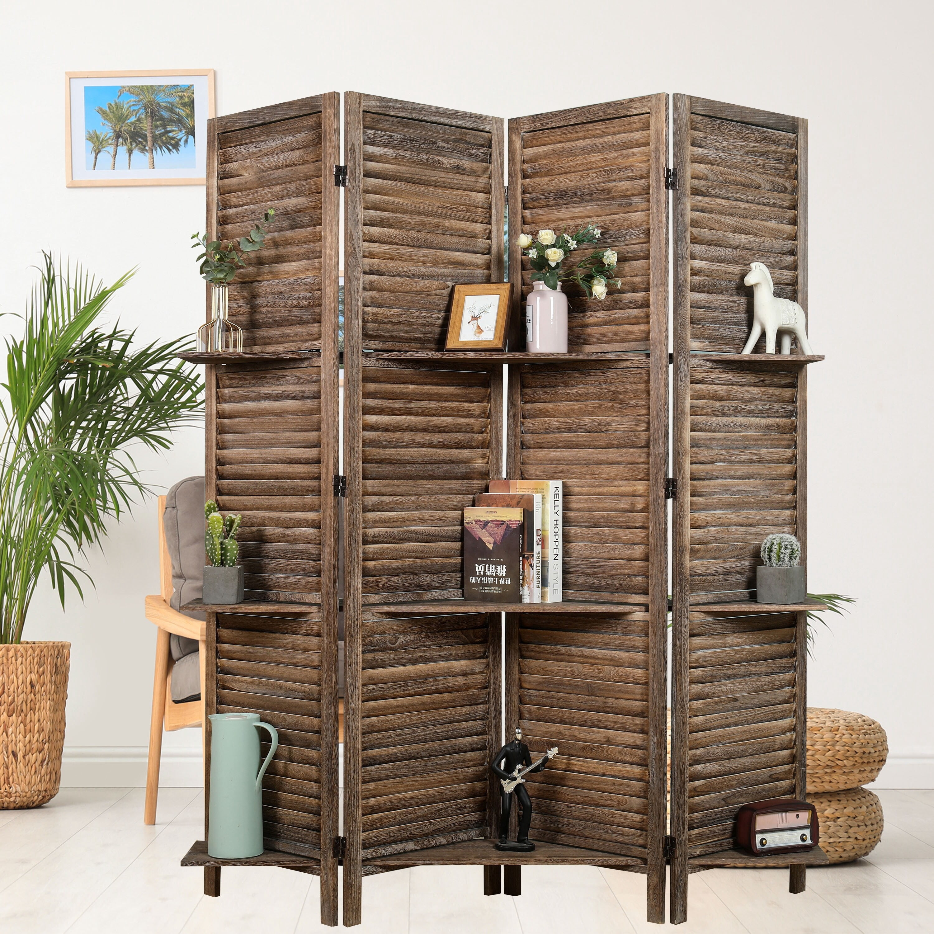 Proman Products Rancho Shelf 4 Panel Room Divider , Folding Screen, Privacy Screen, Paulownia Wood, Rustic Brown