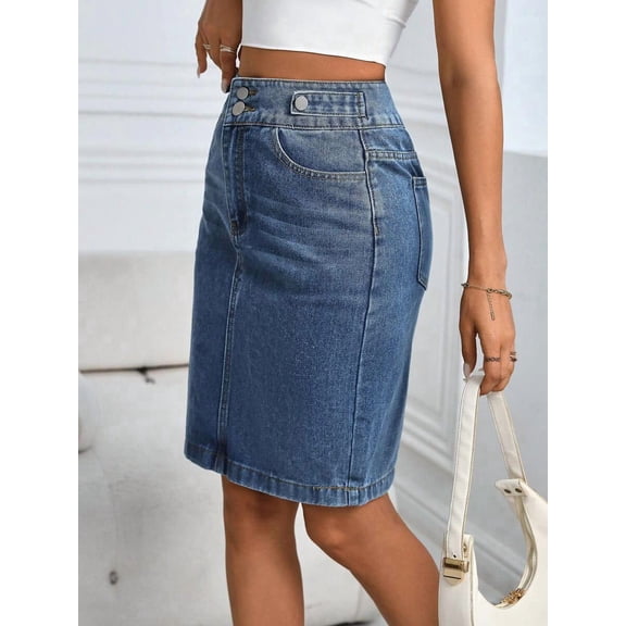 Womens Dark Wash-2 Denim Pencil Skirt Knee Length High-Waisted Casual Fit
