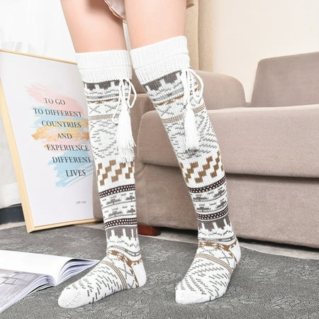 

8 pairs Womens Knee High Socks Patterns Print Knitted Adjusted Calf Super Soft Thick Warm Non-See Through Leg Warmer socks for women Color random