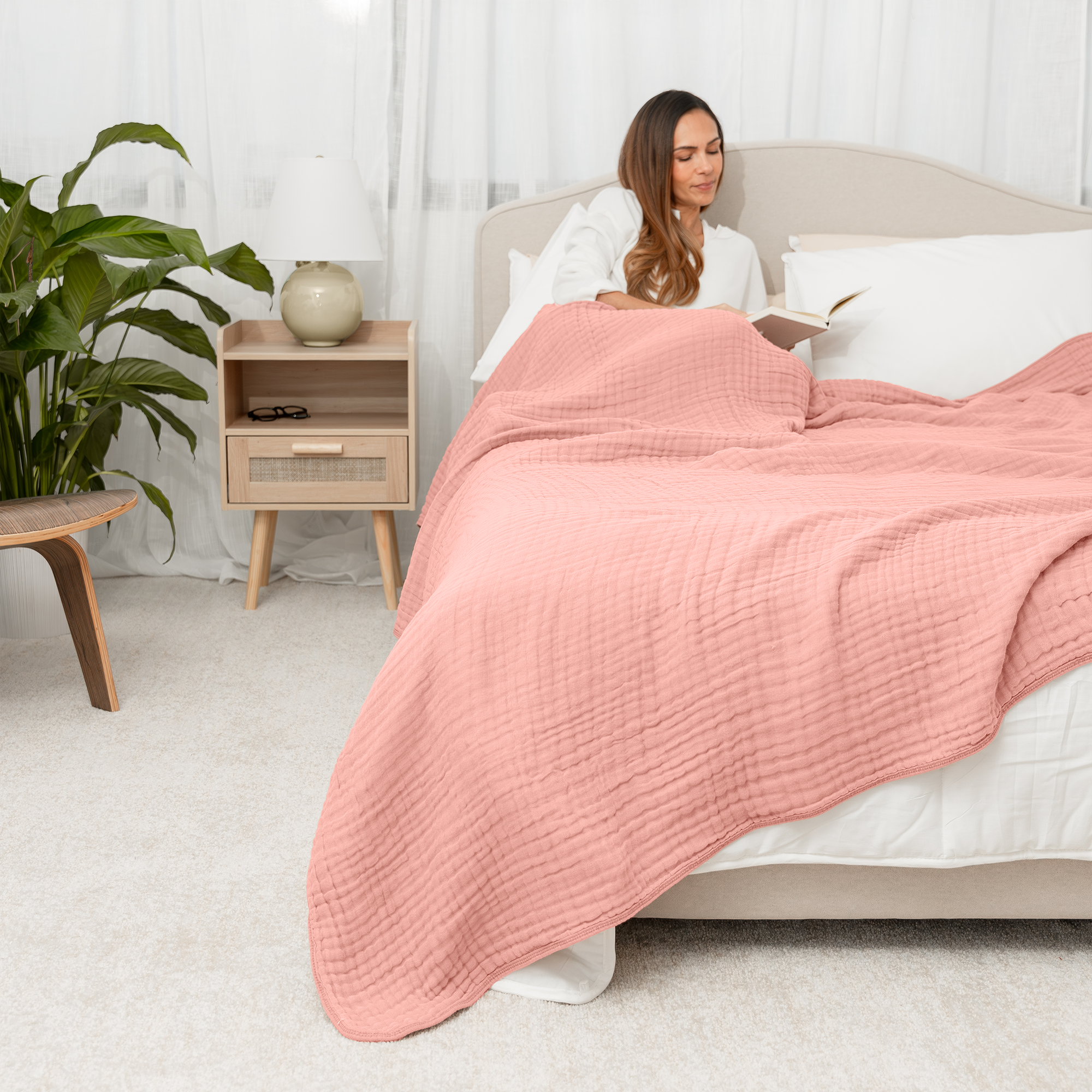 Comfy Cubs Muslin Blanket, Large 108” x 90”, 6 Layer Cooling Cotton Softness (Bold Blush, King)