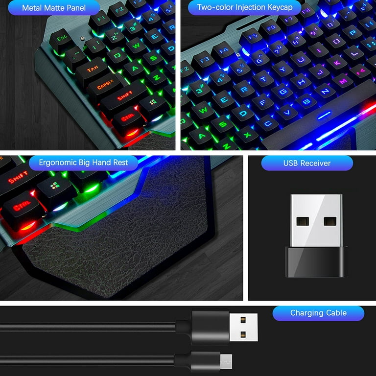 Wireless Gaming Keyboard and Mouse, Rechargeable, Rainbow Backlit with  3800mAh Battery Metal Panel,Mechanical Feel Keyboard and 7 Color Mute Mouse  for
