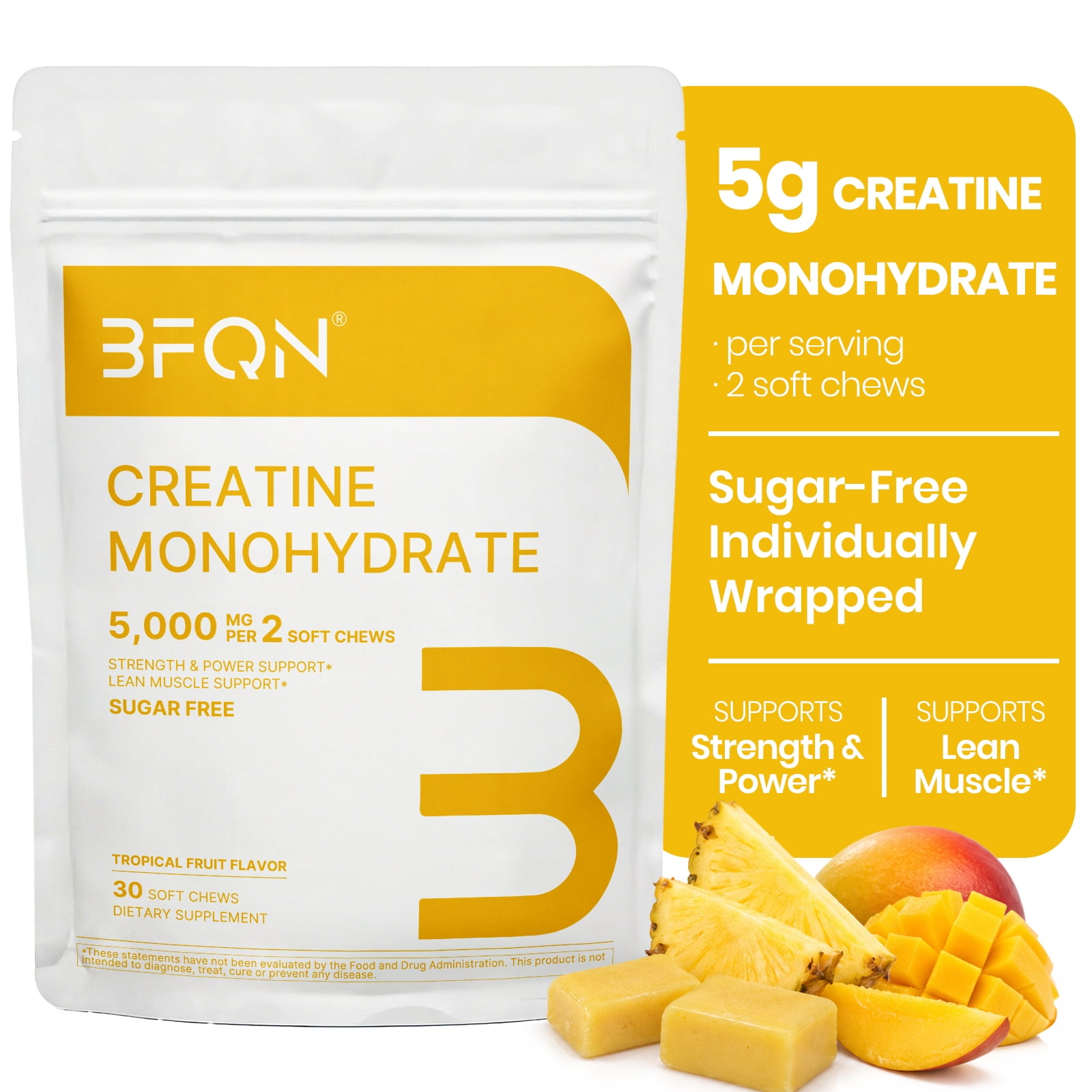 BFQN Creatine Chews, 5g Creatine Monohydrate, 30 Soft Chews, Build Muscle, Improve Strength & Recovery, Sugar Free, Tropical Fruit Flavor