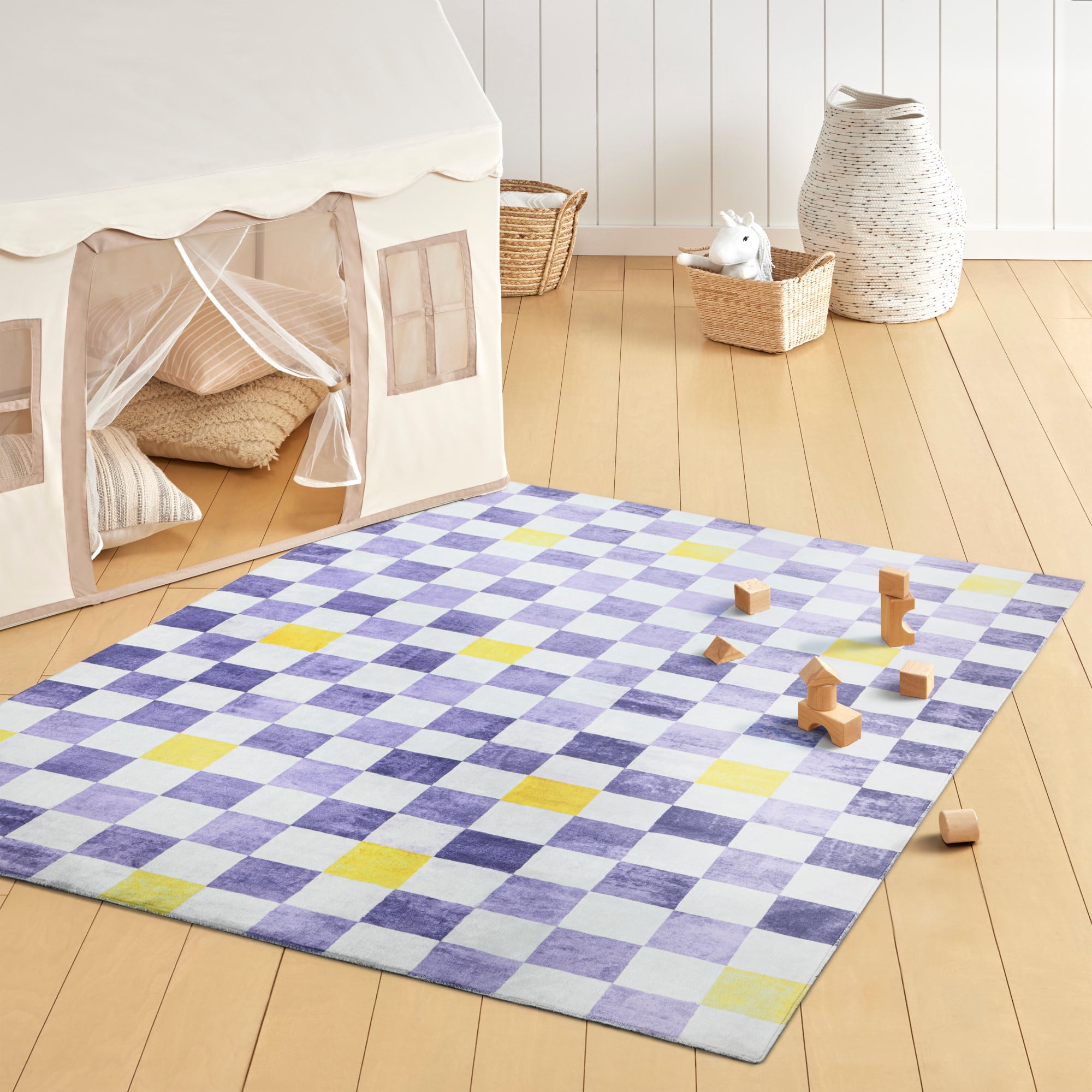 TOWN & COUNTRY PLAY Niko Checkmate Kid's Washable Area Rug, Soft & Plush, Safe Non-Slip Backing, Bedroom Rug, Dorm Decor, Playroom & Classroom Rugs, Purple/Multi, 3'3"x5'2"