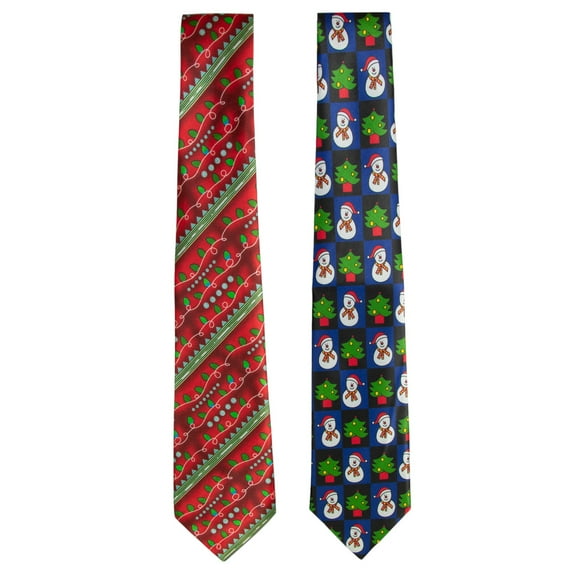Novelty Christmas Holiday Themed 2-Piece Men's Necktie Set in Red and Blue
