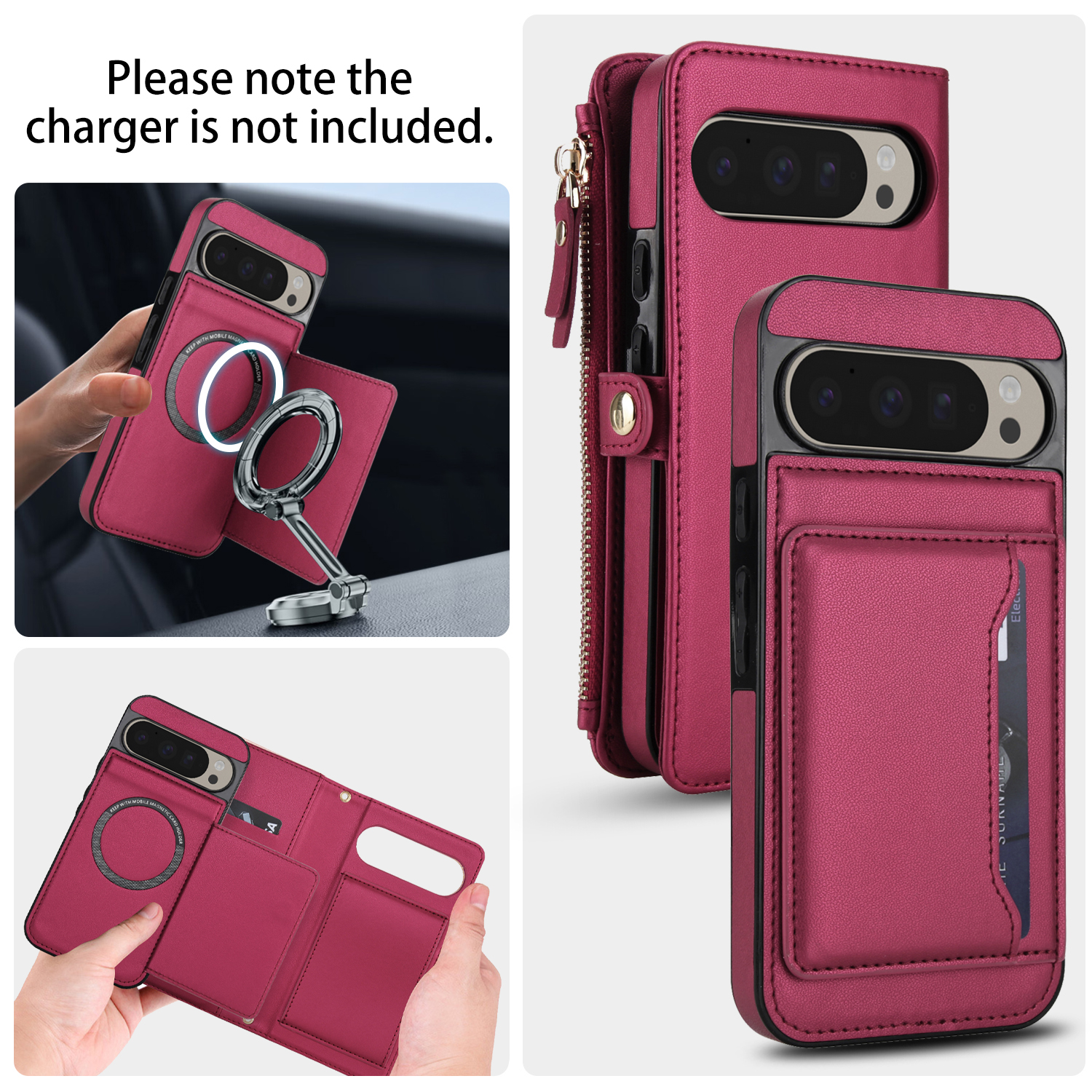 Designed for Google Pixel 9 / 9 Pro Multi-Function Wallet Phone Case,With Shoulder Strap&Wrist Strap,Cash Pocket&Card Slots,Zipper Purse,Magnetic Detachable PU Leather Flip Phone Case,Red