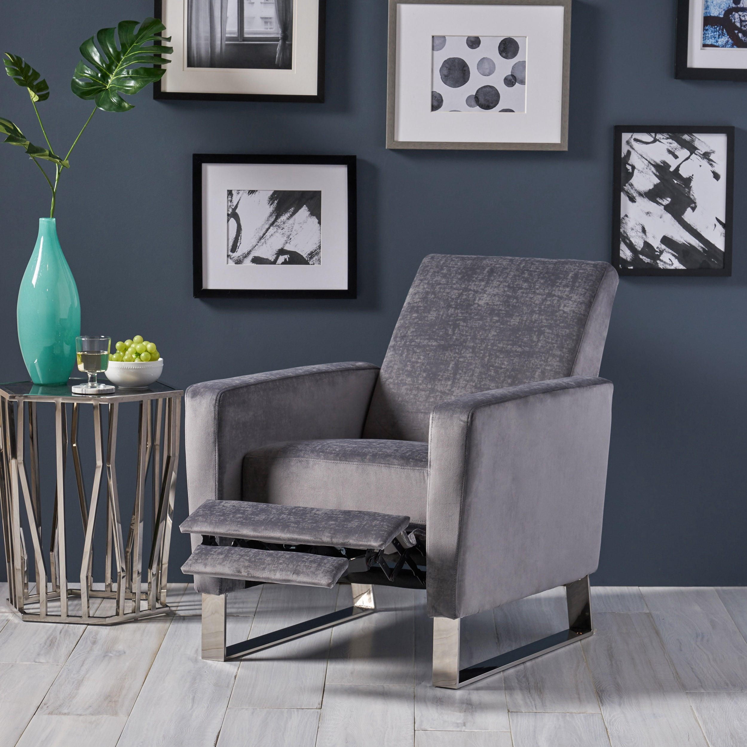 LiviNest Push Back Recliner for Living Room: 1-Second Recline Zero Effort - Modern Grey Velvet Chair with Metal Legs for Home Office & Apartment
