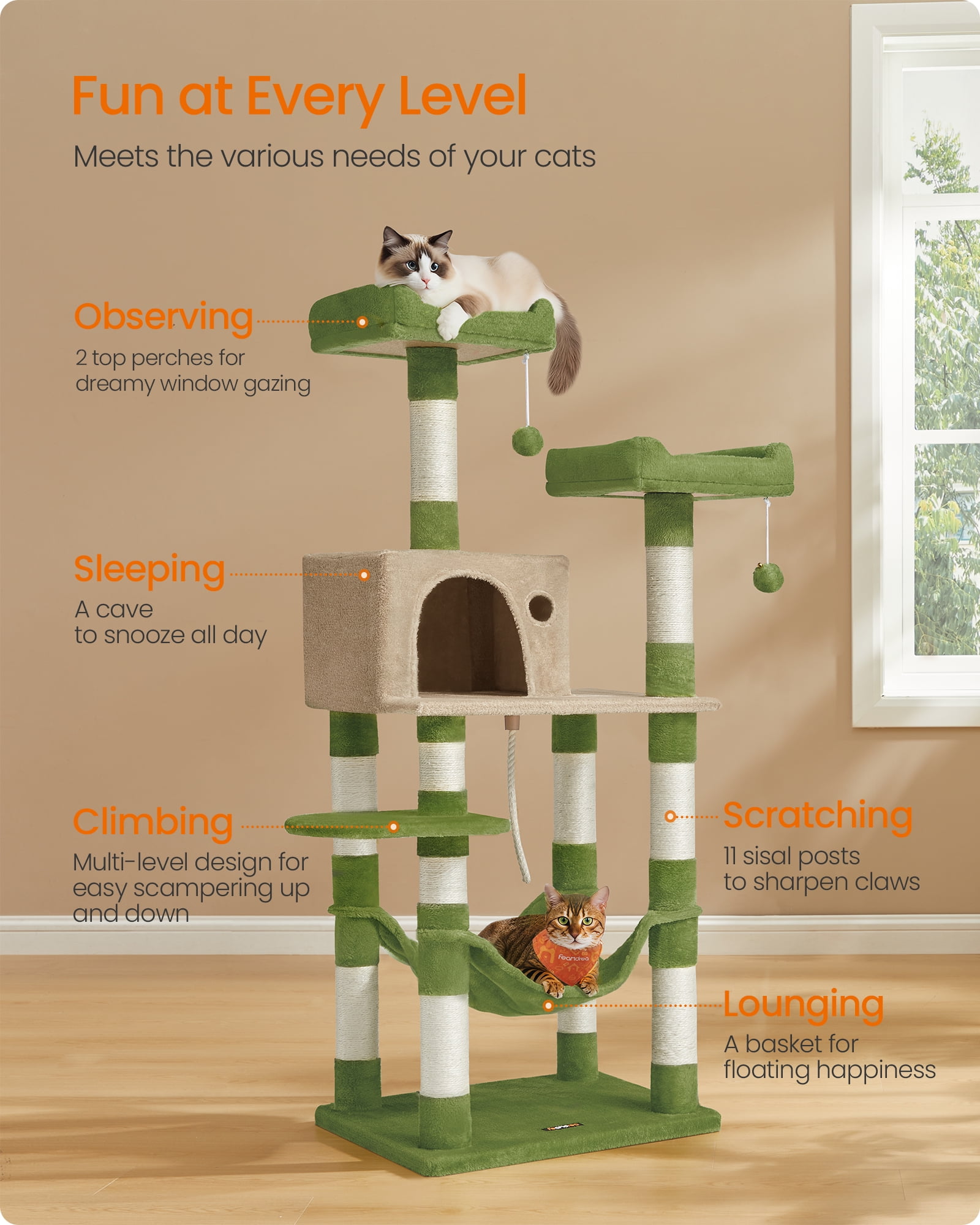 Feandrea 56.3-Inch Multi-Level Cat Tree with 11 Scratching Posts, 2 Perches, Cave, and Hammock for Multiple Cats, Grass Green and Brown