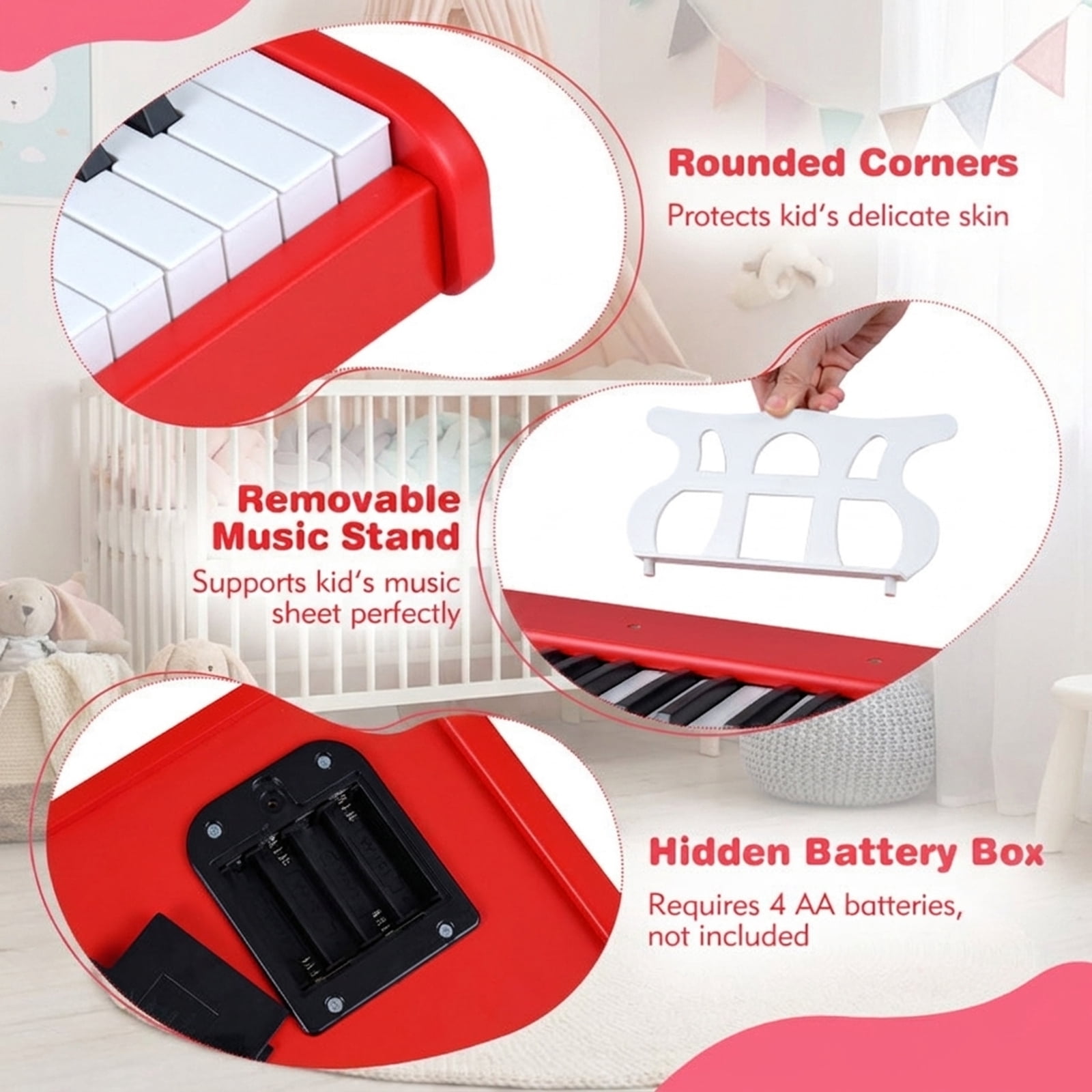 Redsmile 30-Key Kids Piano Keyboard with Music Stand and One-Key Learning for Toddlers and Beginners to Play Their First Songs, Red