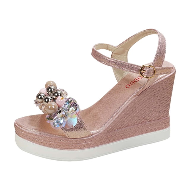 Sandales à Plateforme pour Femmes Talon Compensé Bout Ouvert Bride Cheville Boucle Réglable Strass Paillettes Habillé Décontracté Mode Léger Été Talons Hauts Rose