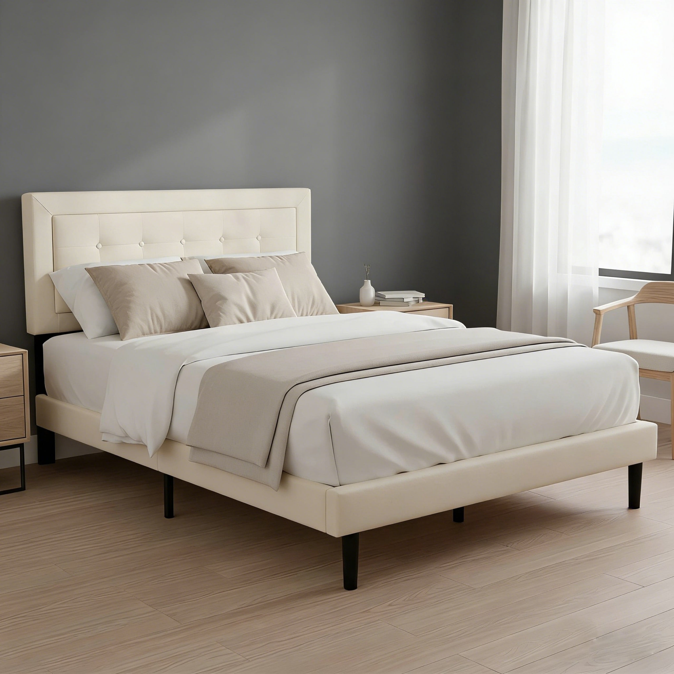BSHTI Full Size Platform Bed Frame with Square Tufted Upholstered Headboard – Solid Wood Frame, 10 Wood Slats, Center Support Leg, Under-Bed Clearance, No Box Spring Needed, Beige
