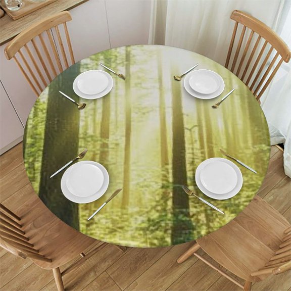 Woodland Fitted Round Table Cloth, Forest Springtime Freshness Theme Foliage Sunbeams Sunrise Nature View Scene Print XSmall Elastic Edged