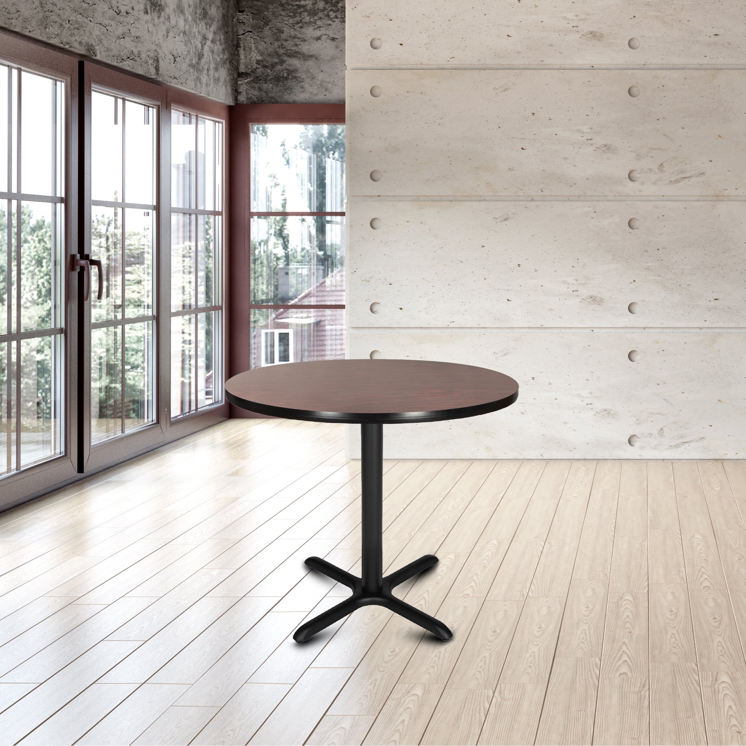Hampden Furnishings Bennet Collection Steel Frame 36" Round Top, X Base, 30" Height Cafe Table, Black Frame/Mahogany Top