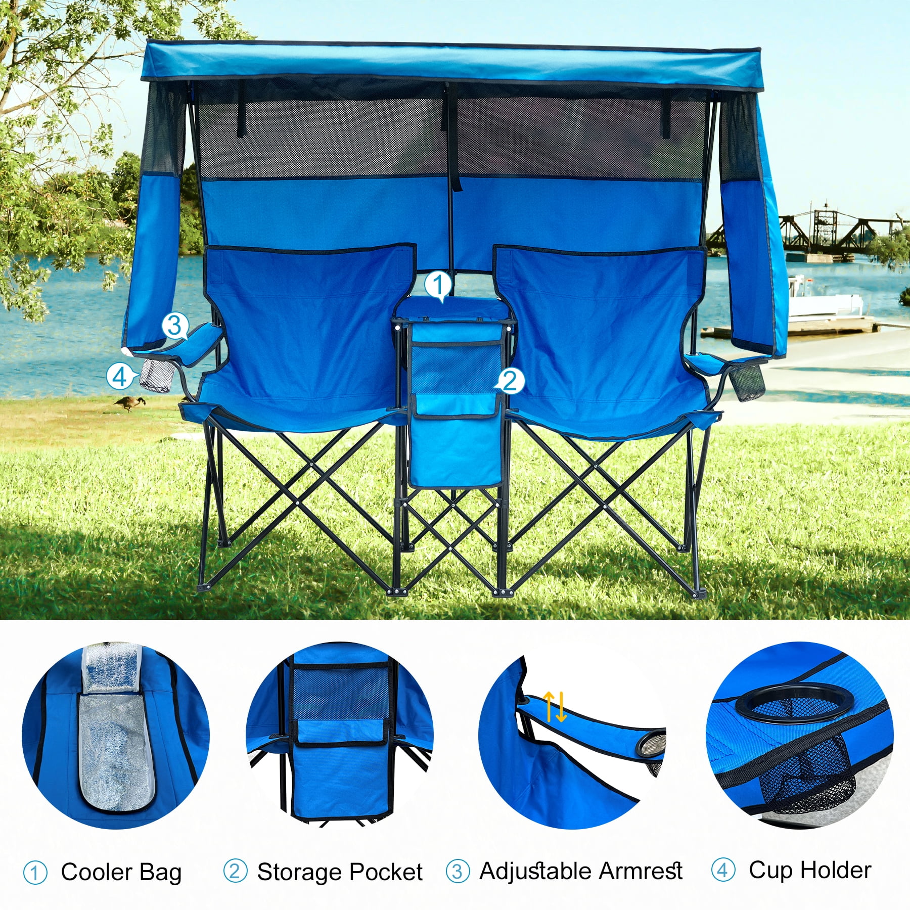 WTVIDAS Double Beach Chair with Canopy Shade Oversized Camping Chairs with Cup Holder Cooler Bag Folding Loveseat Chairs for Camping Beach Lawn