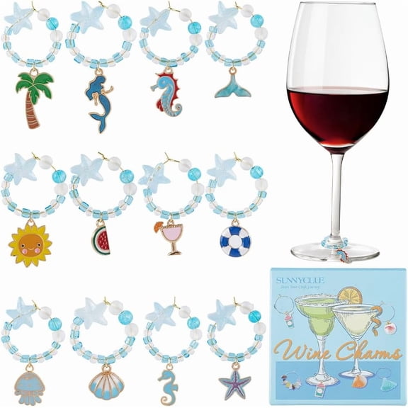 1 Box 12Pcs 12 Styles Sea Wine Charms Beaded Wine Glass Charms Bulk Alloy Enamel Blue Summer Ocean Beach Hawaii Identifier Drinks Tags