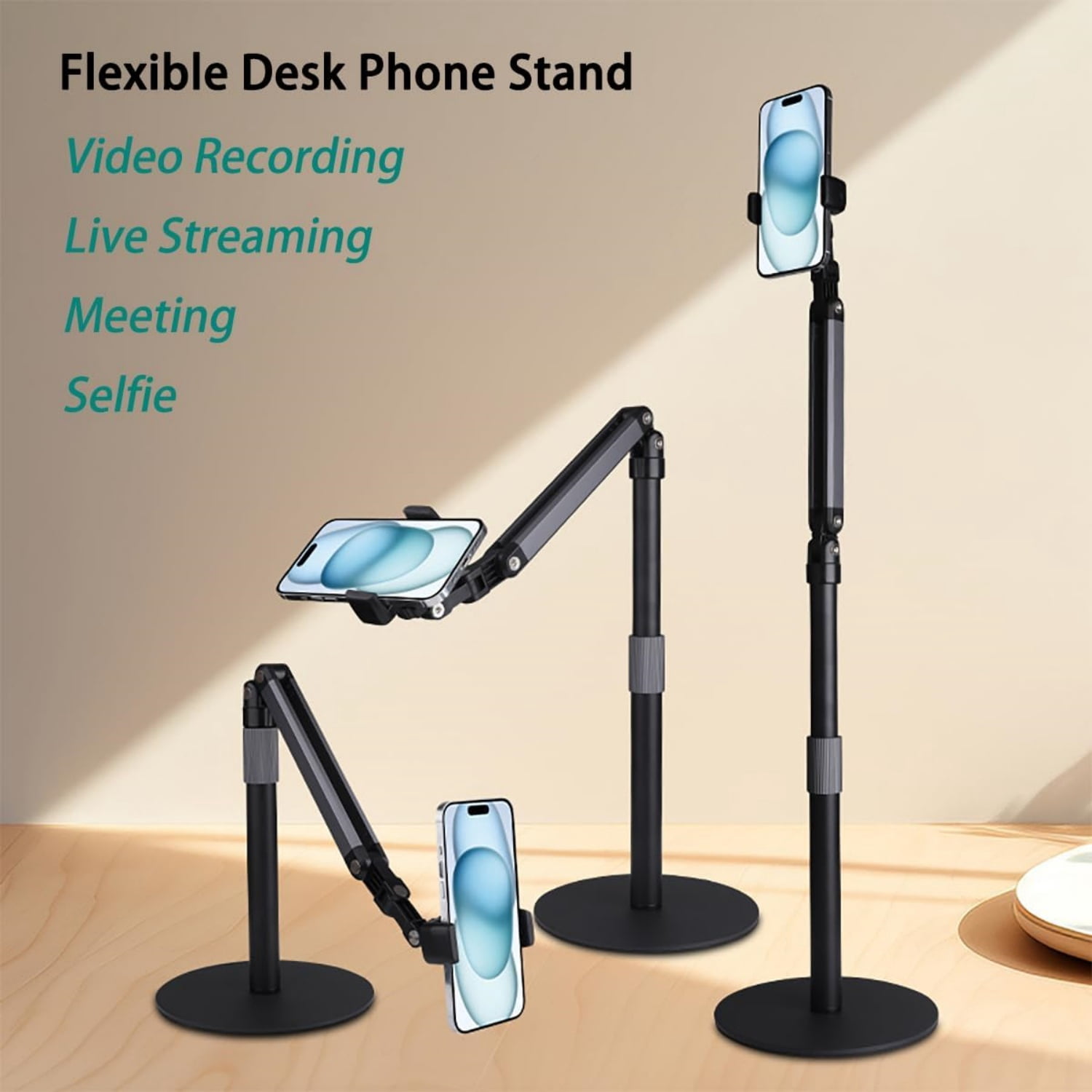 Heavy Duty Overhead Phone Stand for Desk Video Recording for Holder, with Extension Arm, 360° Swivel, for Filming, Meeting, Cooking, Painting and Crafting