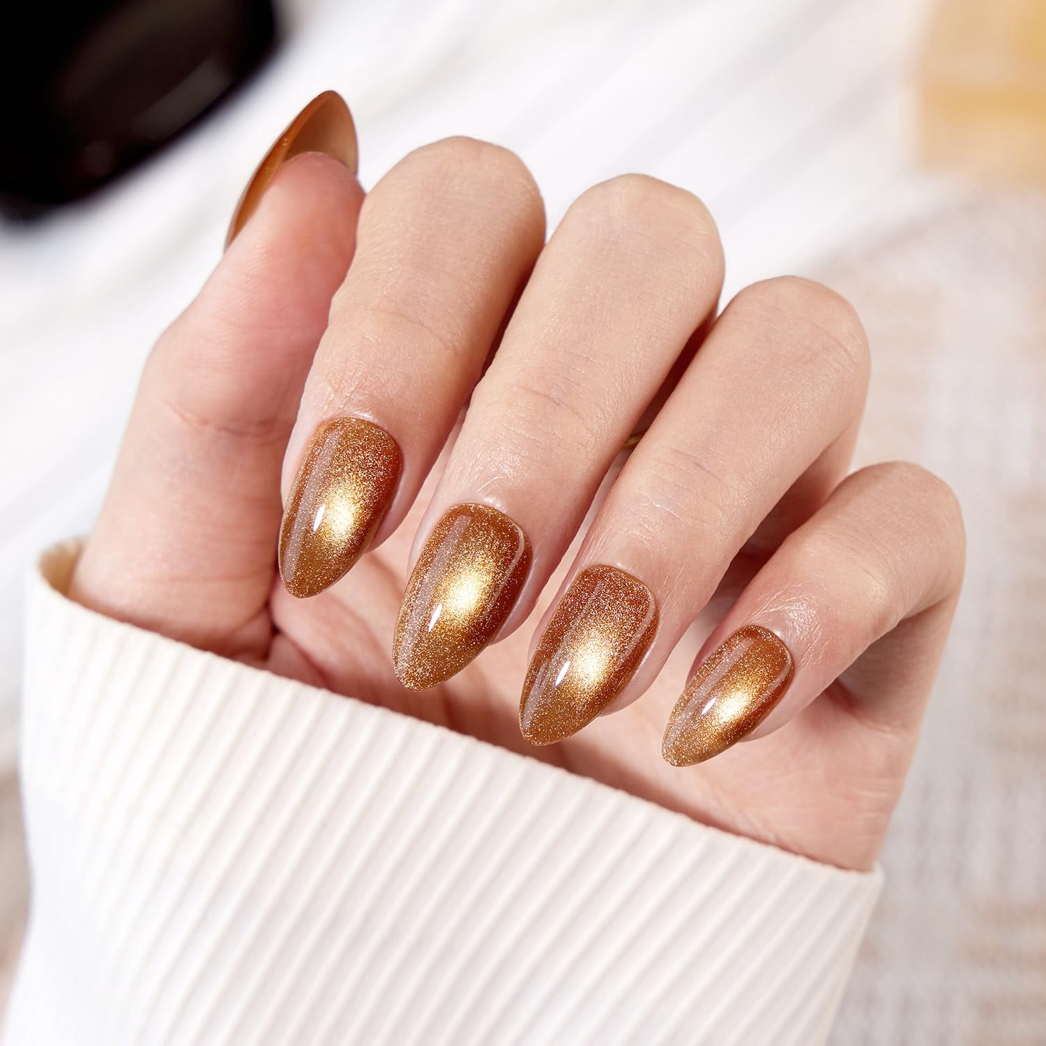 VSALON Press On Nails Short Almond, 32 Pcs 16 Sizes Brown Cat Eye Press On Chrome Fake Nails With Glue & Cuticle Oil, Reusable Stick On Nails False Nails Kit Valentines Gift For Women