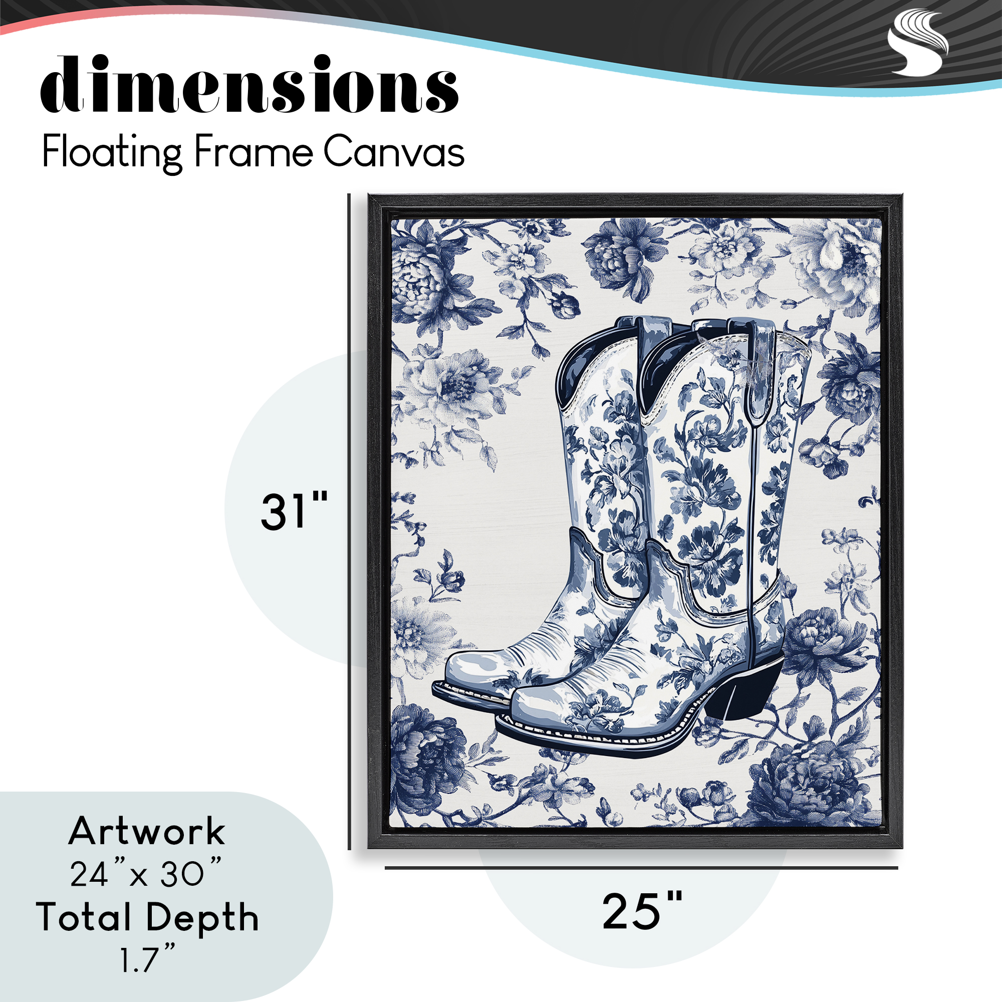 Blue Spring Florals & Boots Black Framed Floater Canvas Wall Art, design by Lettered and Lined