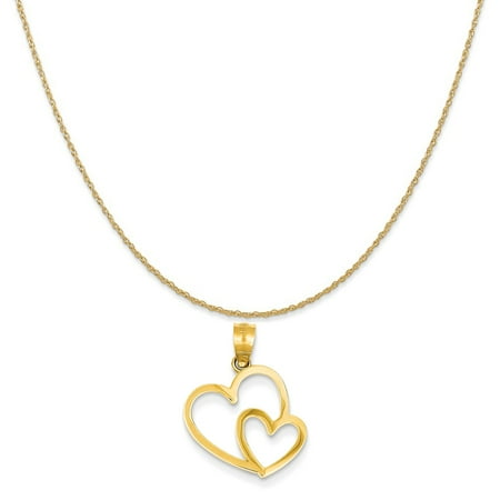 14k 8 Mm Heart - 14k Yellow Gold Double Heart Charm on a 14K Yellow Gold Rope Chain Necklace, 18