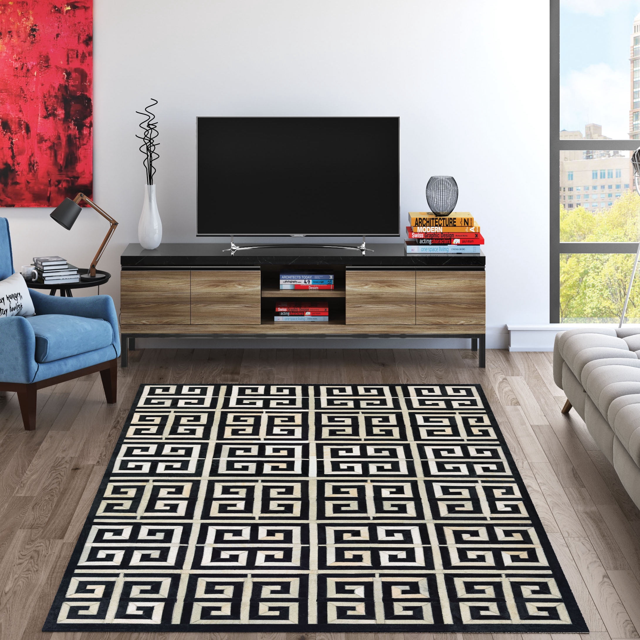 Couristan Chalet Meander 5'4" X 8' Black-Ivory Handmade Cowhide Rug