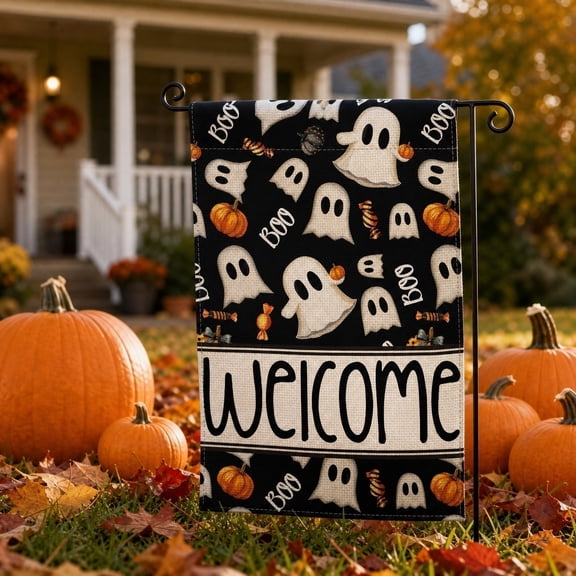 Halloween Garden Flag 18X12 Inch Cute Ghost Pumpkin Welcome Design Outdoor Fall Decor for Porch Yard Home Single Piece