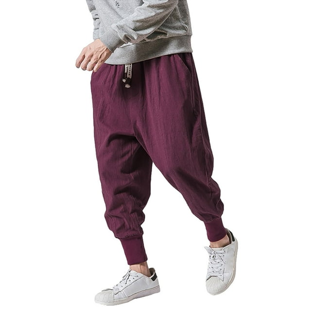 Mens Casual Leggings Japanese Retro Style Loose Solid Color Pants