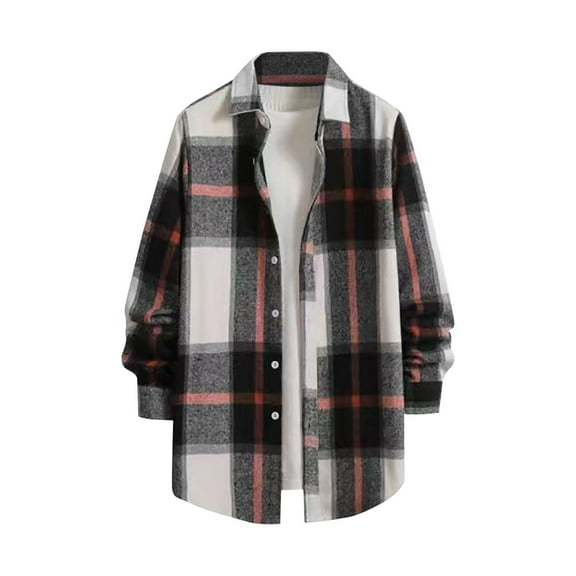 UVEASISHA Flannel Shacket for Men Plaid Long Sleeve Button Down Shirt Jackets Lightweight Fashion Fall Flannel Shirt Jacket with Pocket,Beige,XL