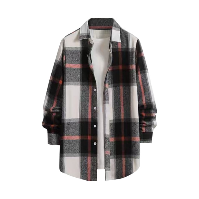 UVEASISHA Flannel Shacket for Men Plaid Long Sleeve Button Down Shirt Jackets Lightweight Fashion Fall Flannel Shirt Jacket with Pocket Back to College Sale,Beige,2XL