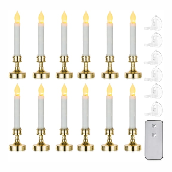 Sziqiqi Set of 12 LED Candles Battery Operated Remote Electric Flickering Flameless Candlestick Lights Taper Gold Suction Cup Warm Glow Holiday Decoration Christmas Window
