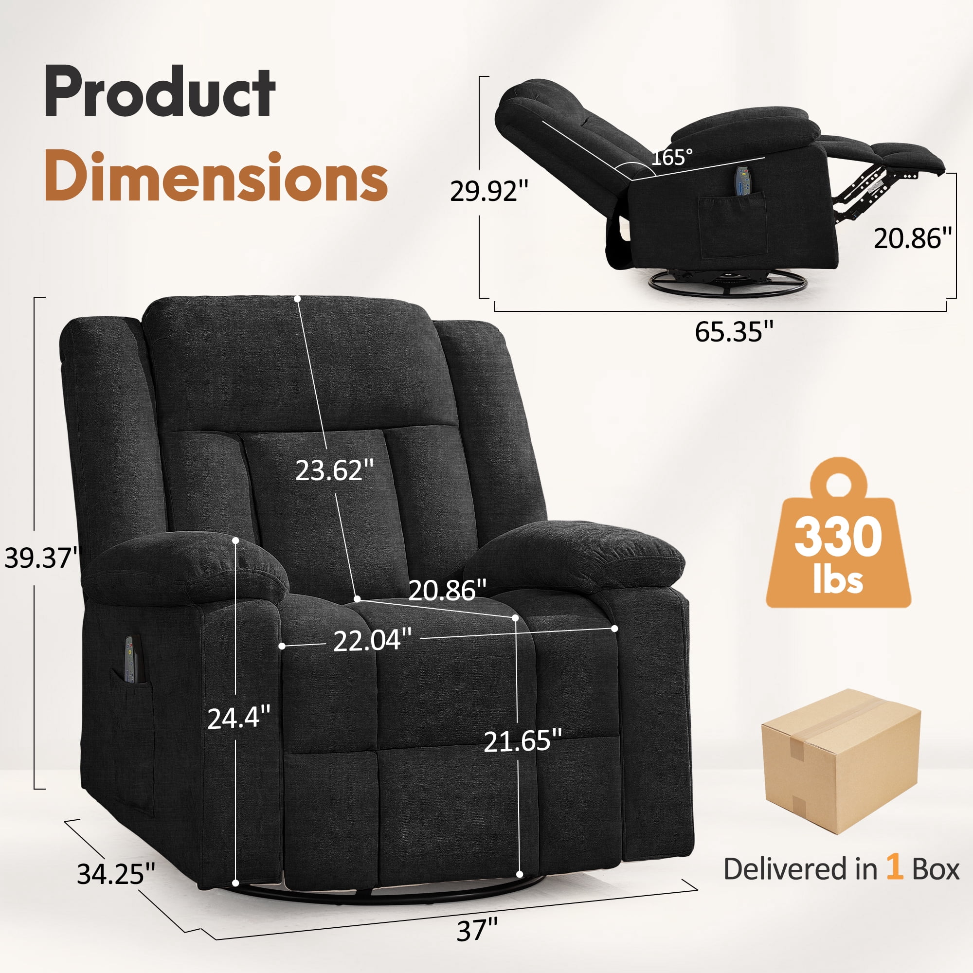 Korser 360°Swivel Rocker Recliner with Massage and Heating,Rocker Recliner Chair for Adults with Side Pockets Nursery Glider Recliner for Living Room,Chenille,Black