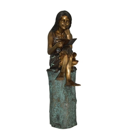 Sitting Girl on Log Reading a Book Bronze Statue -  Size: 19"L x 13"W x 48"H.