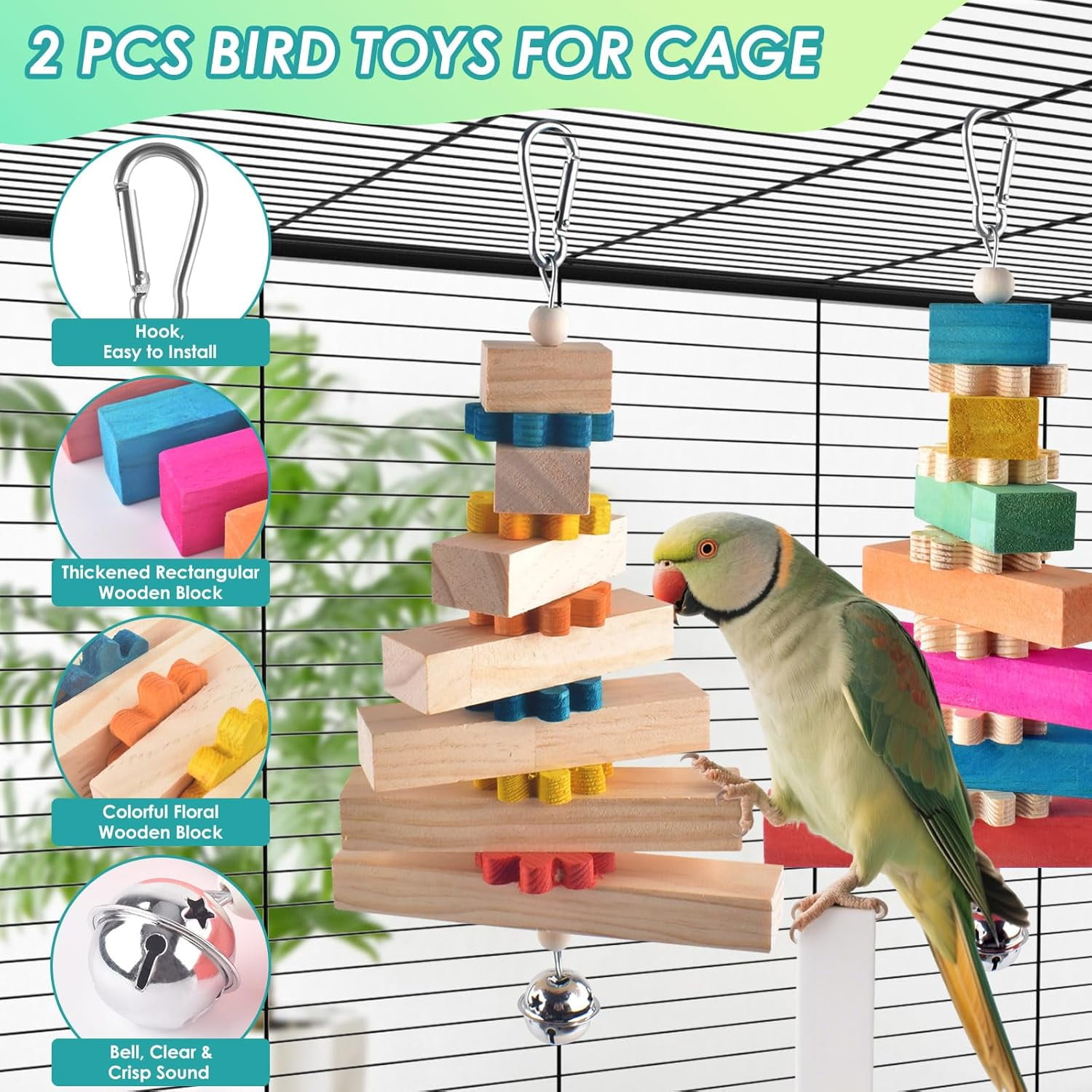 Bird Toys, Colorful Natural Hanging Chew Wood Block with Bell for Parrots
