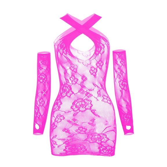 Levmjia Women Halter Lace Mesh Mini Lingerie Dress Deep V Sheer Breathable Bodycon Nightgown Soft Floral Spring Summer Indoor Leisure Solid Color Slim Fit Bedroom Party