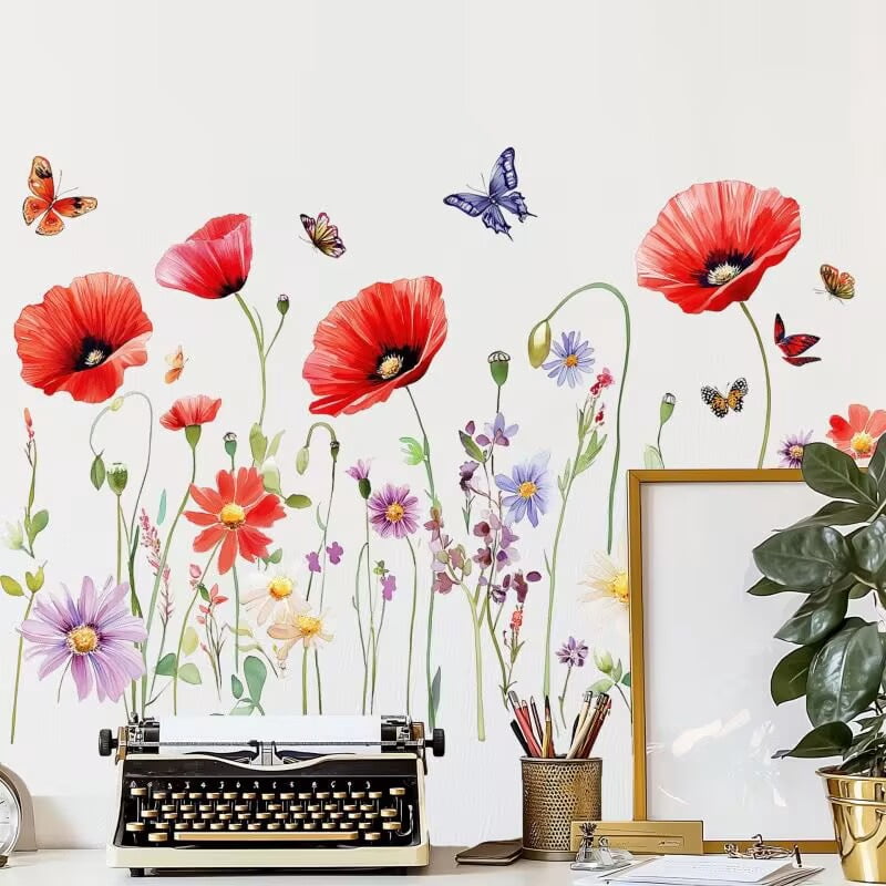Boho Flower Wall Decals Small Floral Wall Stickers Peel and Stick Watercolor Floral Leaf Wall Decals Cute Botanical Wildflower Wall Stickers for Girls Room Nursery Baby Bedroom Decor