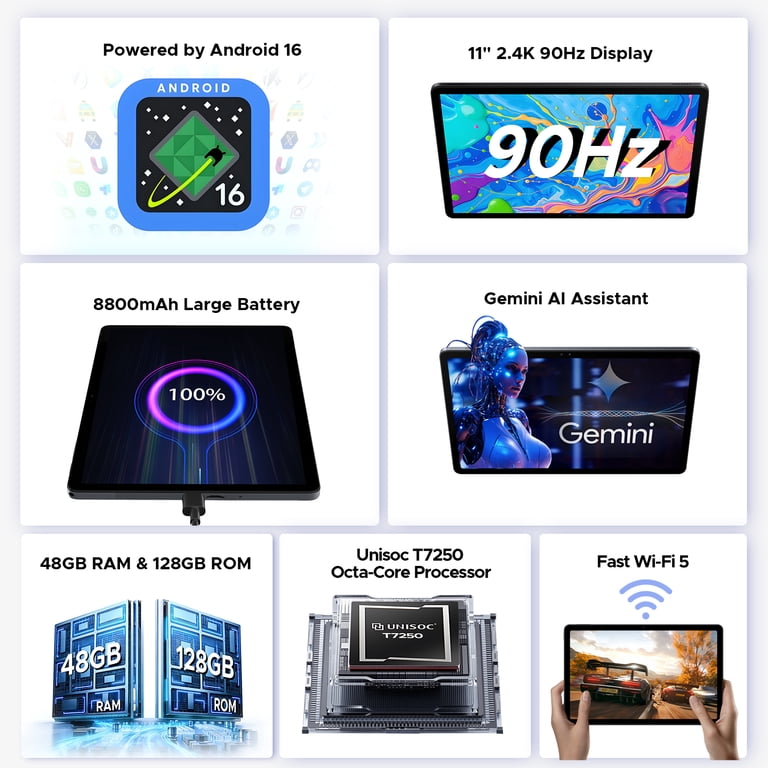 POCKAM Android 16 Tablet, 11 inch Tablet with Gemini AI, 48GB RAM+