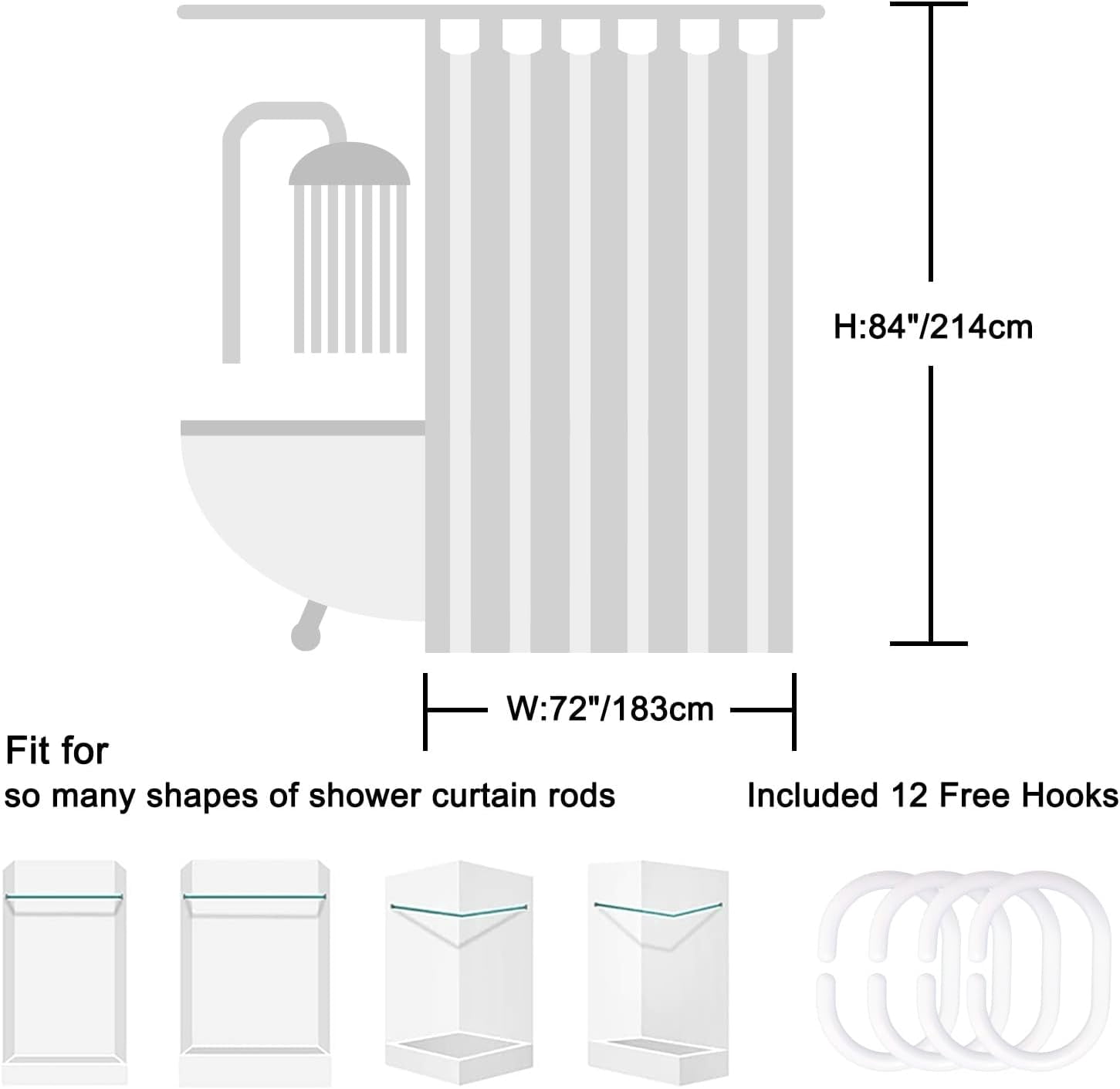 Light Grey Shower Curtain for Bathroom with Hooks,Shower Curtain Set Stripe Bath Curtains Decorative White Shower Curtains Weighted Hem Water Repellent Washable, 72x84
