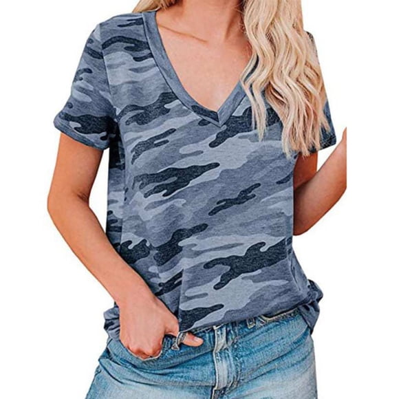 Casual Leopard Print Camo Print V Neck Short Sleeve T Shirt Women Women'S T-Shirts Blue M