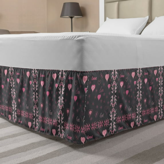 Pink and Grey Bed Skirt, Spring Butterflies Flower Leaves Inspiration Season Concept Print, Elastic Bedskirt Dust Ruffle Wrap Around for Bedding Decor, 4 Sizes, Charcoal Grey Pink, by Ambesonne
