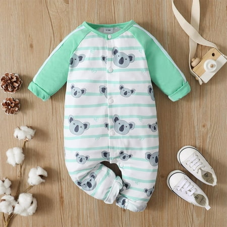 

Yidarton 3-6m 2022 models of infants and toddlers cotton autumn long-sleeved cartoon animal colorful print vertical row of buttons jumpsuit long crawling clothes Light Green