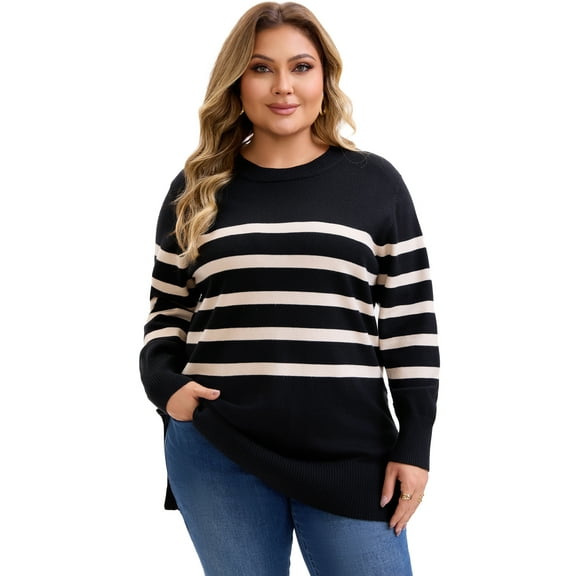 Agnes Orinda Women's Plus Size Striped Sweaters Crew Neck Long Sleeve Side Slits Cozy Knit Casual Pullover Sweater 1X Black