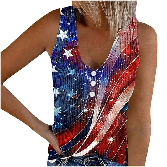 Simua Summer Tank Top for Women, Ladies New Independence Day Printed V-neck Sleeveless Button Henley Shirts, Size S-3XL