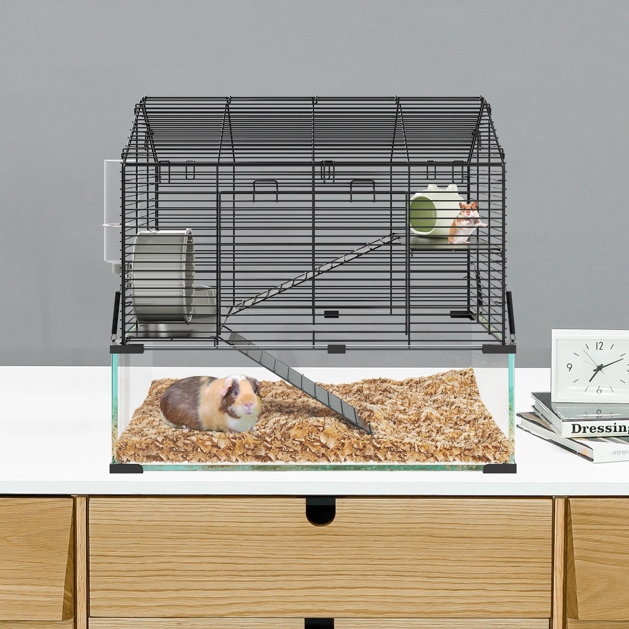 Gaderth 3 Tiers Hamster Cage with Deep Tempered Glass Bottom, Large Hamster Tank with Running Wheel, Hut, Dish ＆ Water Bottle, Rat Cage for Dwarf, Syrian, Gerbils, Mouse