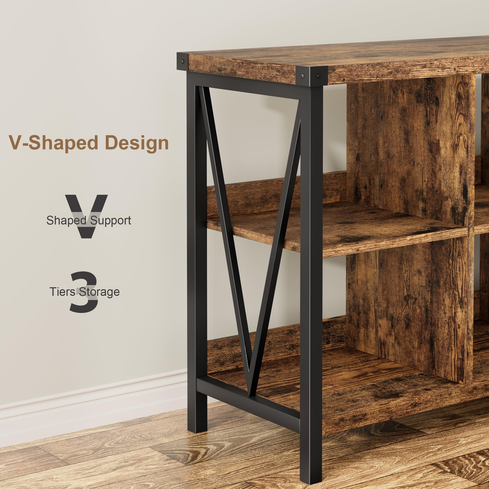 TROPOW 8 Cube Storage Organizer, 3 Tier Metal Horizontal Bookcase, 62 Inch Console, Industrial Storage for Entryway, Long Low Bookshelf for Living Room - Retro Brown
