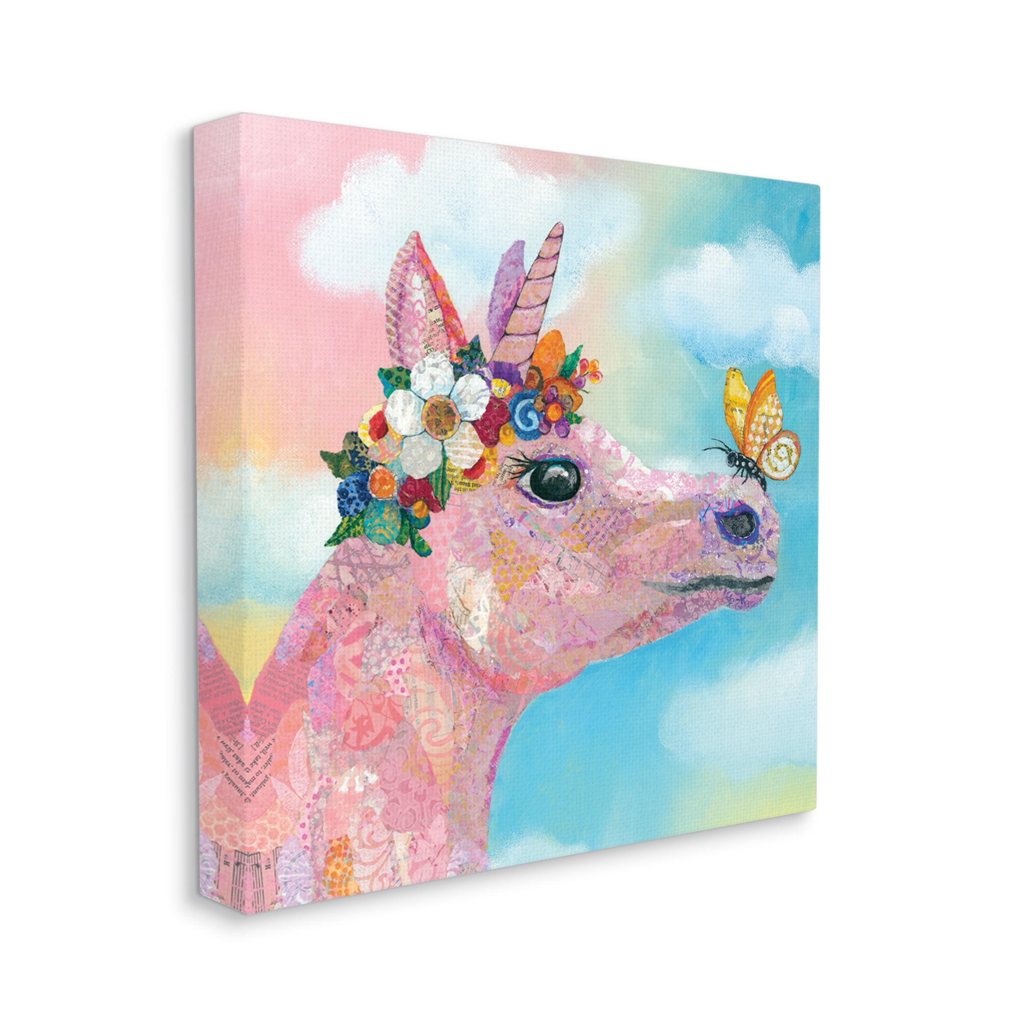 Stupell Industries Butterfly Kisses Pink Fantasy Unicorn Flower Blossoms Painting Gallery Wrapped Canvas Print Wall Art, Design by Lisa Morales