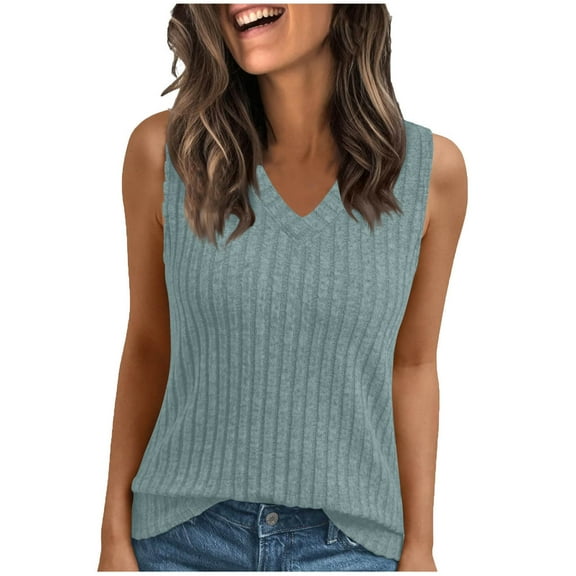 Womens Knitted Tank Tops, Sleeveless Shirts for Women Fall Fashion Loose Fit Solid Color Ribbed V Neck Sweatshirts