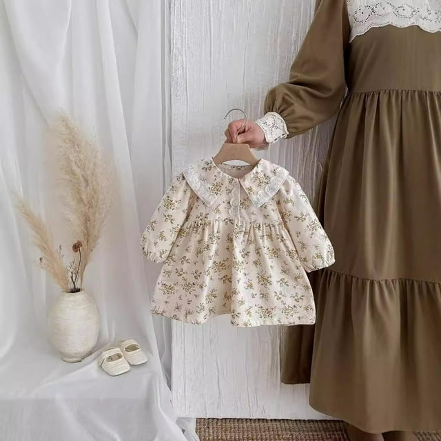 Robe de Fête Élégante à Fleurs pour Filles, Tout-Petits et Enfants, Robe d'Automne avec Manches, Usage Quotidien, Col Rond, Taille Douce et Extensible, Convient de 6 Mois à 4 Ans